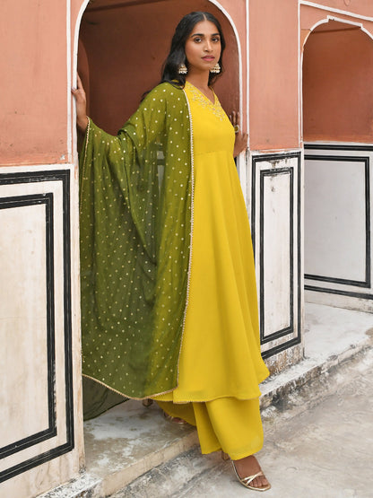 Janasya Women's Yellow Georgette Solid Kurta With Palazzo And Dupatta