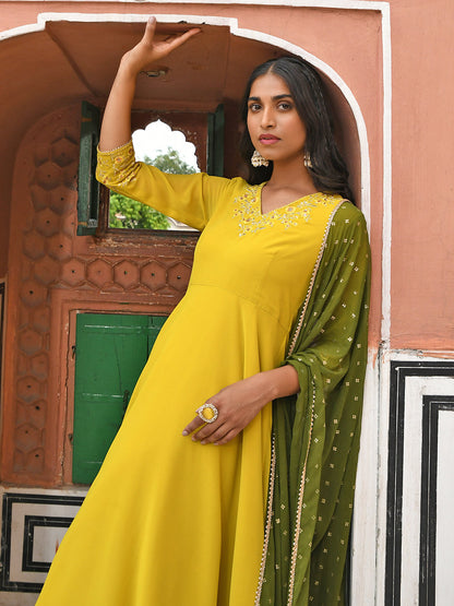 Janasya Women's Yellow Georgette Solid Kurta With Palazzo And Dupatta