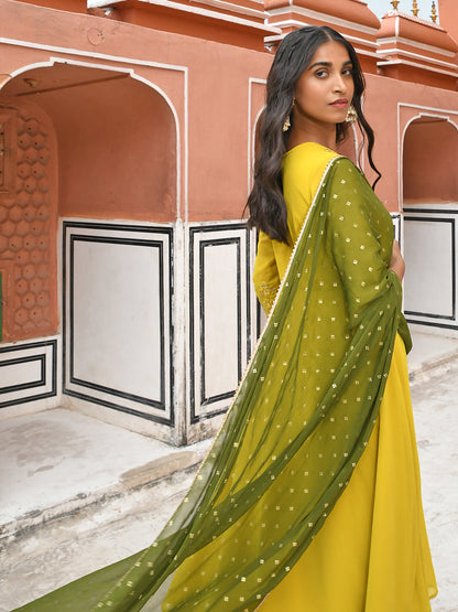 Janasya Women's Yellow Georgette Solid Kurta With Palazzo And Dupatta