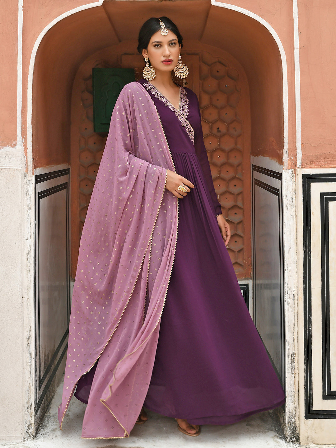 Janasya Women's Wine Georgette Solid Kurta With Dupatta