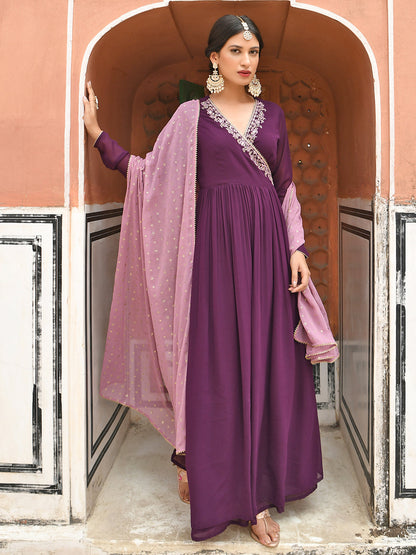 Janasya Women's Wine Georgette Solid Kurta With Dupatta