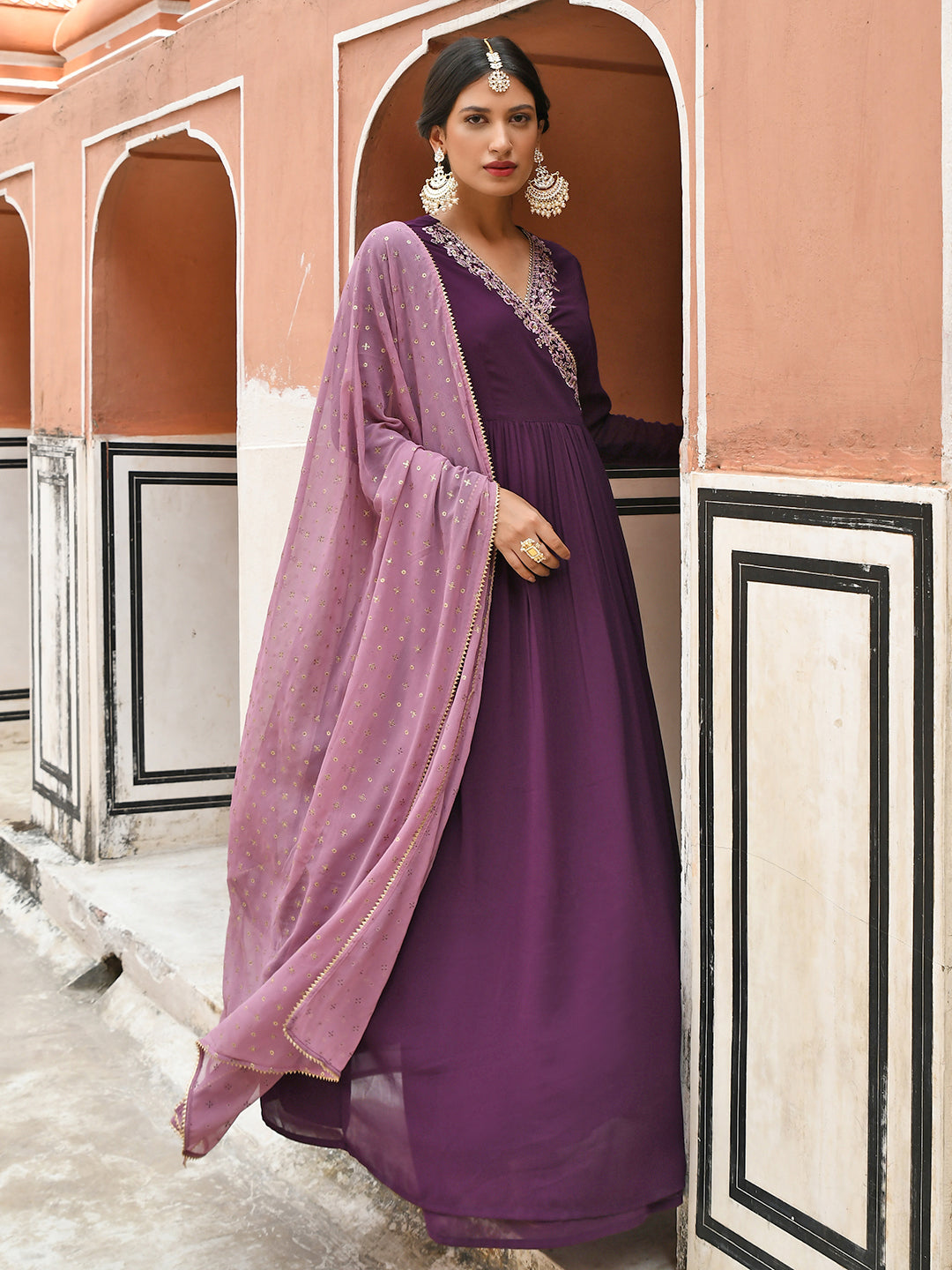Janasya Women's Wine Georgette Solid Kurta With Dupatta