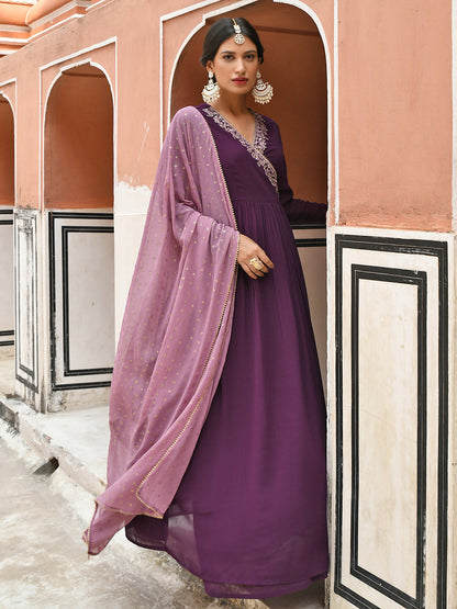 Janasya Women's Wine Georgette Solid Kurta With Dupatta