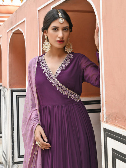 Janasya Women's Wine Georgette Solid Kurta With Dupatta