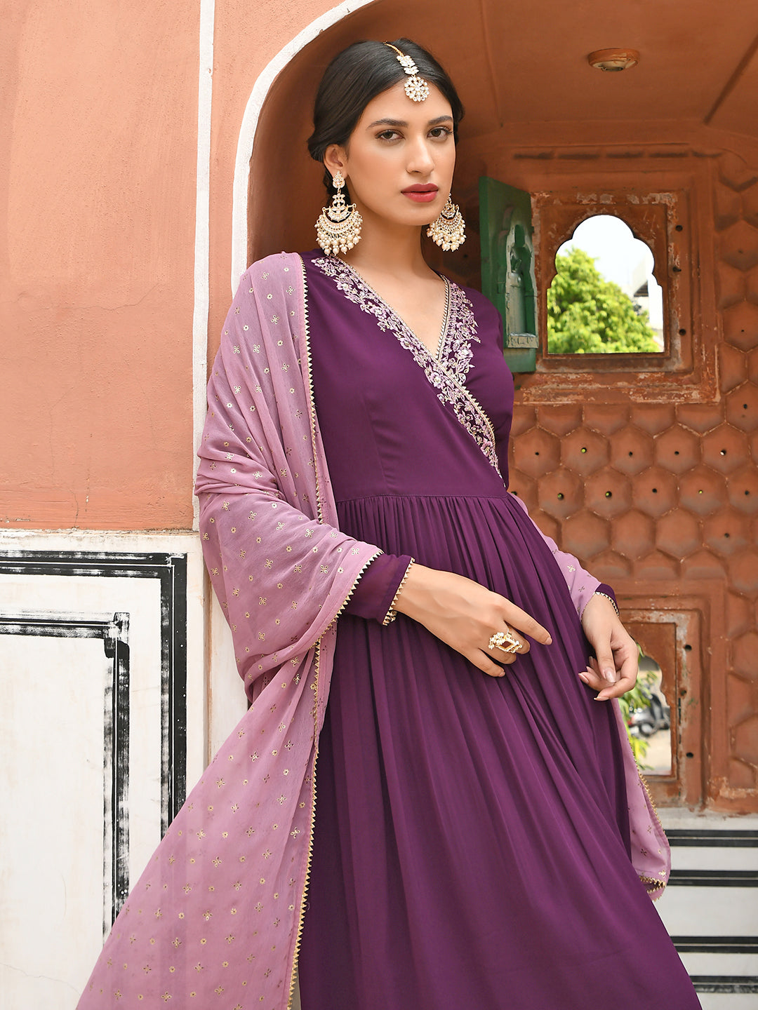 Janasya Women's Wine Georgette Solid Kurta With Dupatta