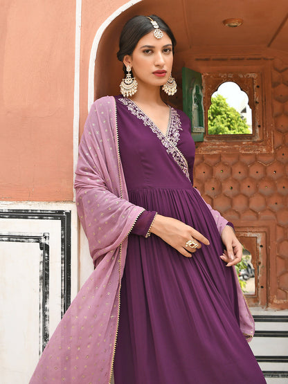 Janasya Women's Wine Georgette Solid Kurta With Dupatta
