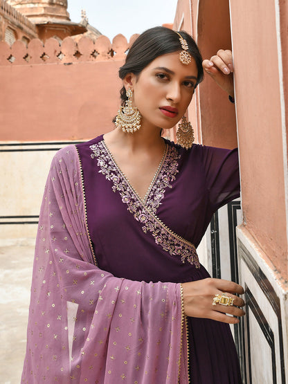 Janasya Women's Wine Georgette Solid Kurta With Dupatta