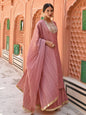 Janasya Women's Old Rose Chinon Embroidered Kurta With Skirt And Dupatta