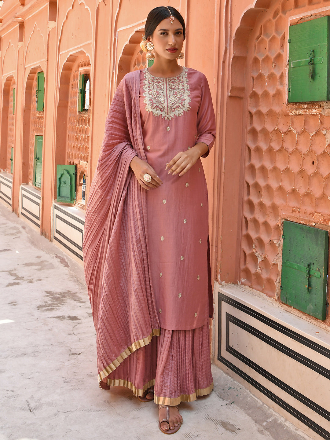 Janasya Women's Old Rose Chinon Embroidered Kurta With Skirt And Dupatta