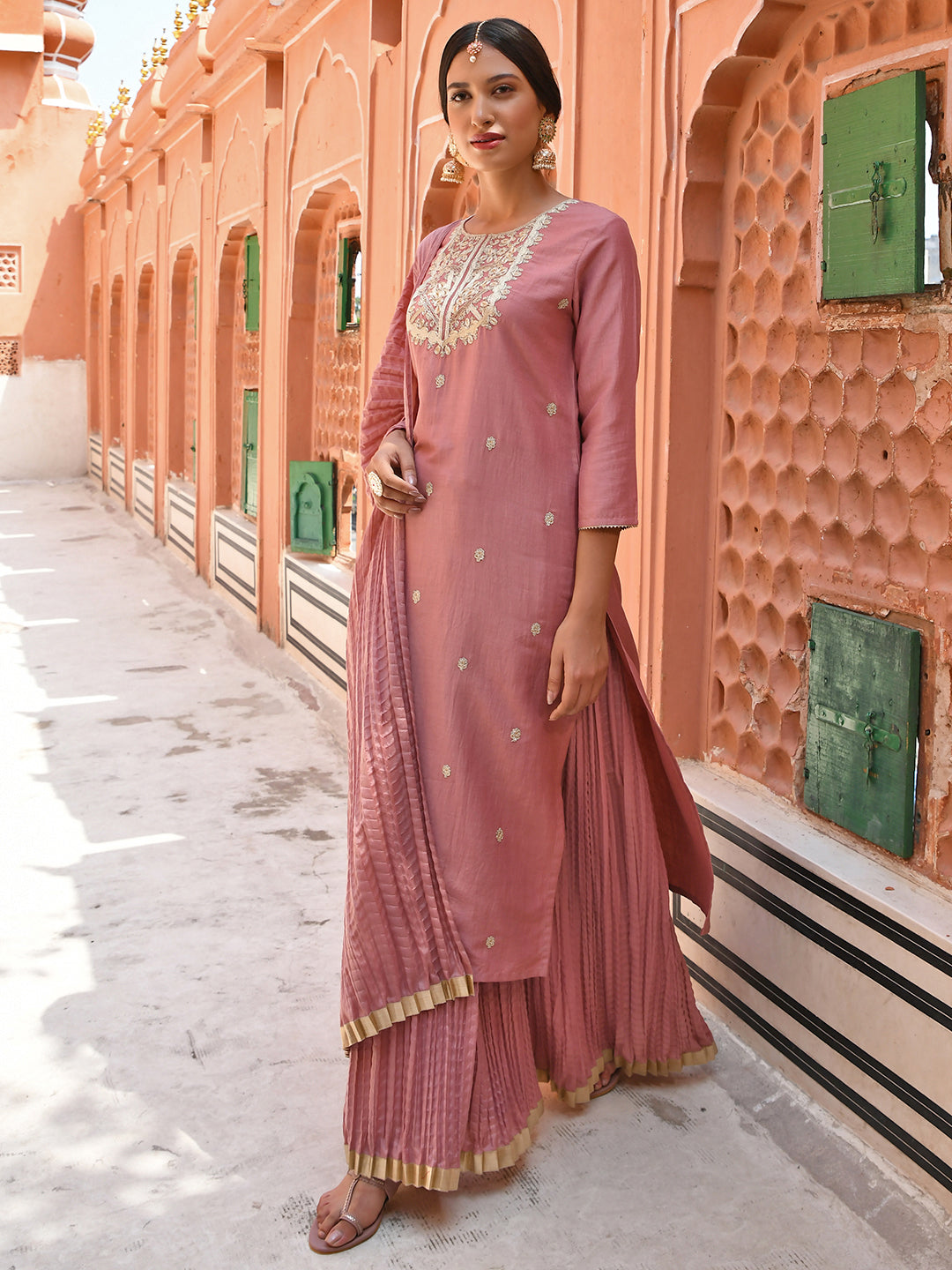 Janasya Women's Old Rose Chinon Embroidered Kurta With Skirt And Dupatta
