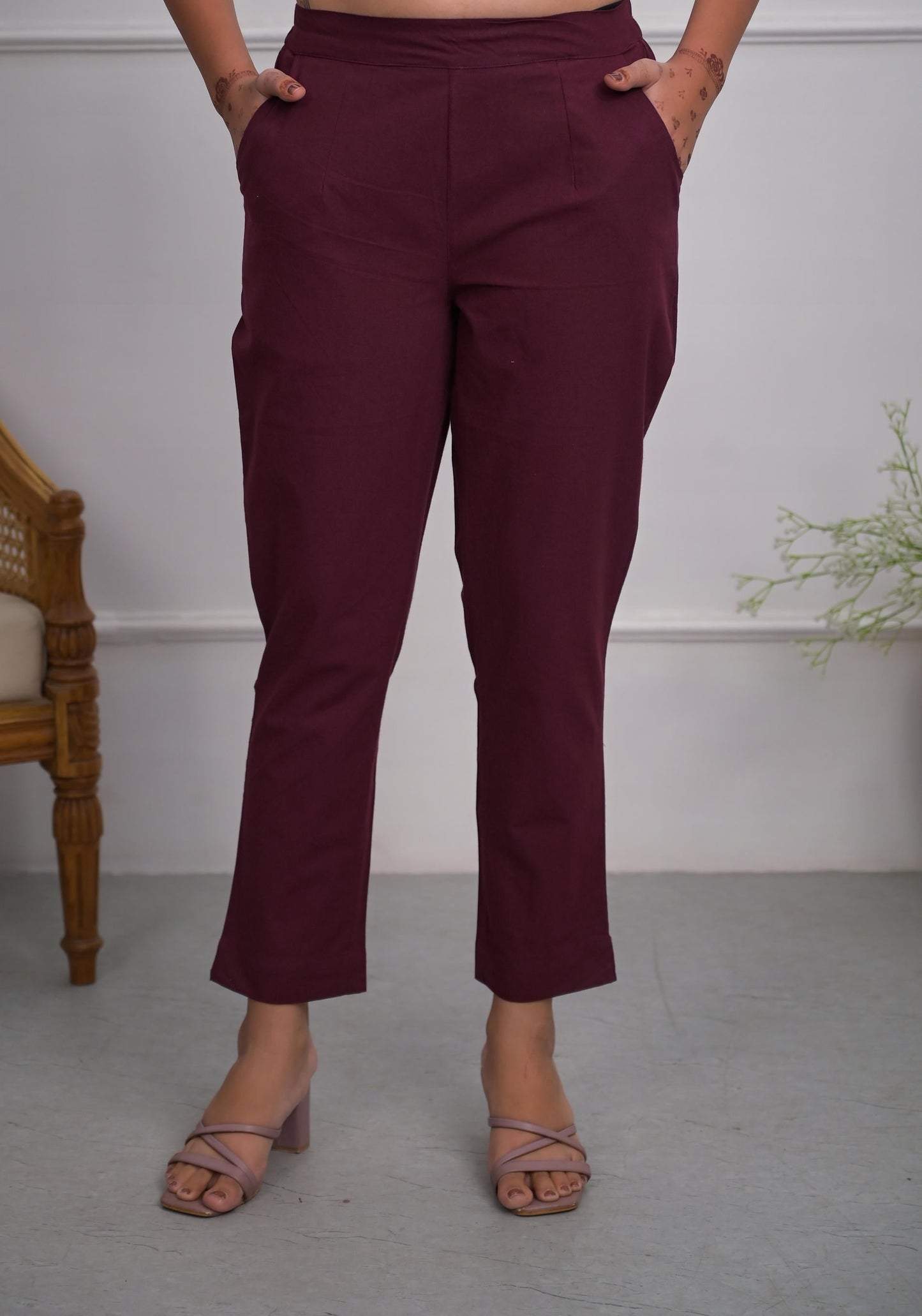 Juniper Burgundy Solid Cotton Pants With Partially Elasticated Waistband And Two Side Pockets