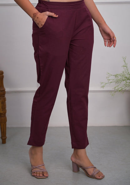 Juniper Women's Burgundy Solid Cotton Pants With Partially Elasticated Waistband And Two Side Pockets