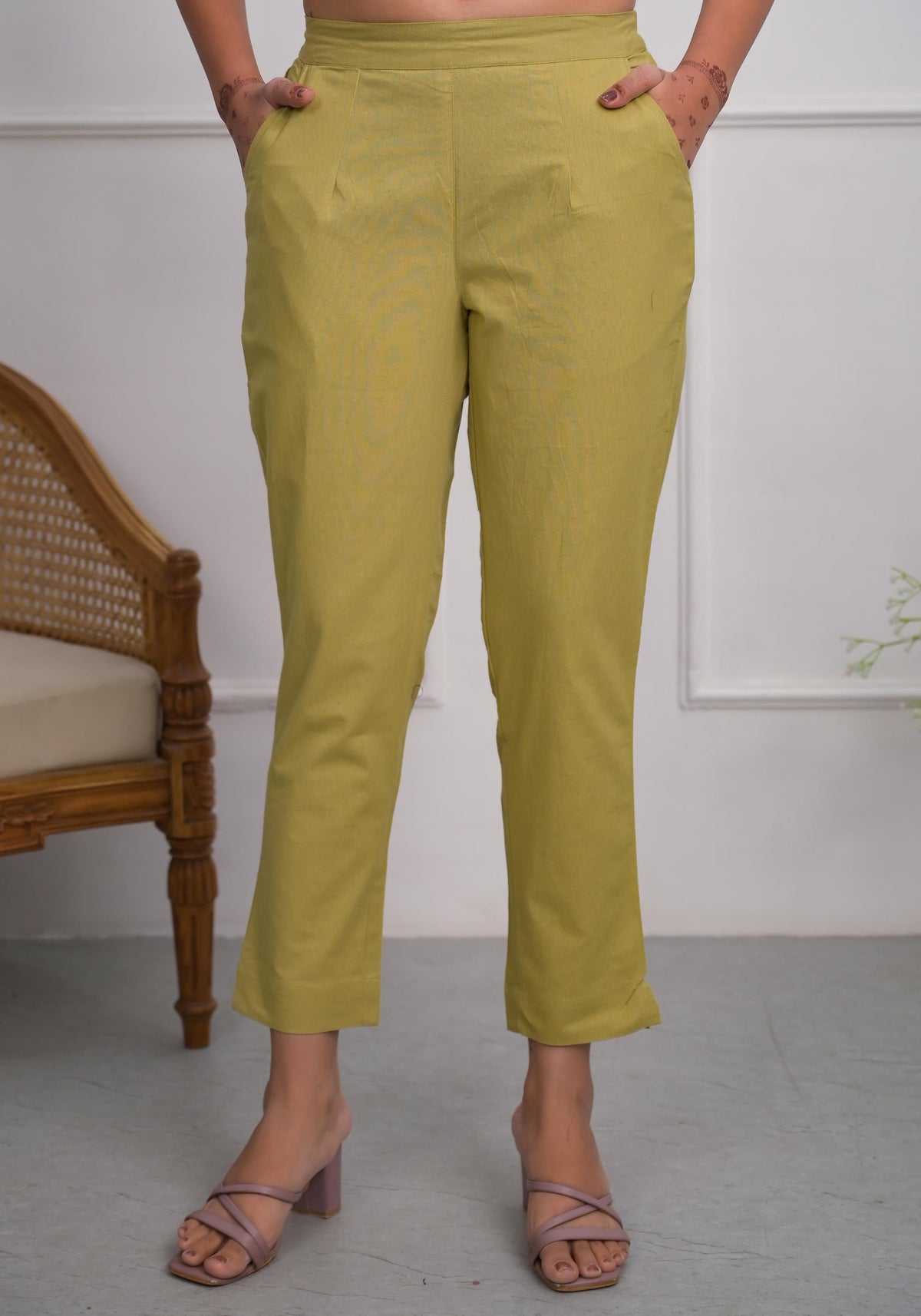 Juniper Khaki Solid Cotton Pants With Partially Elasticated Waistband And Two Side Pockets
