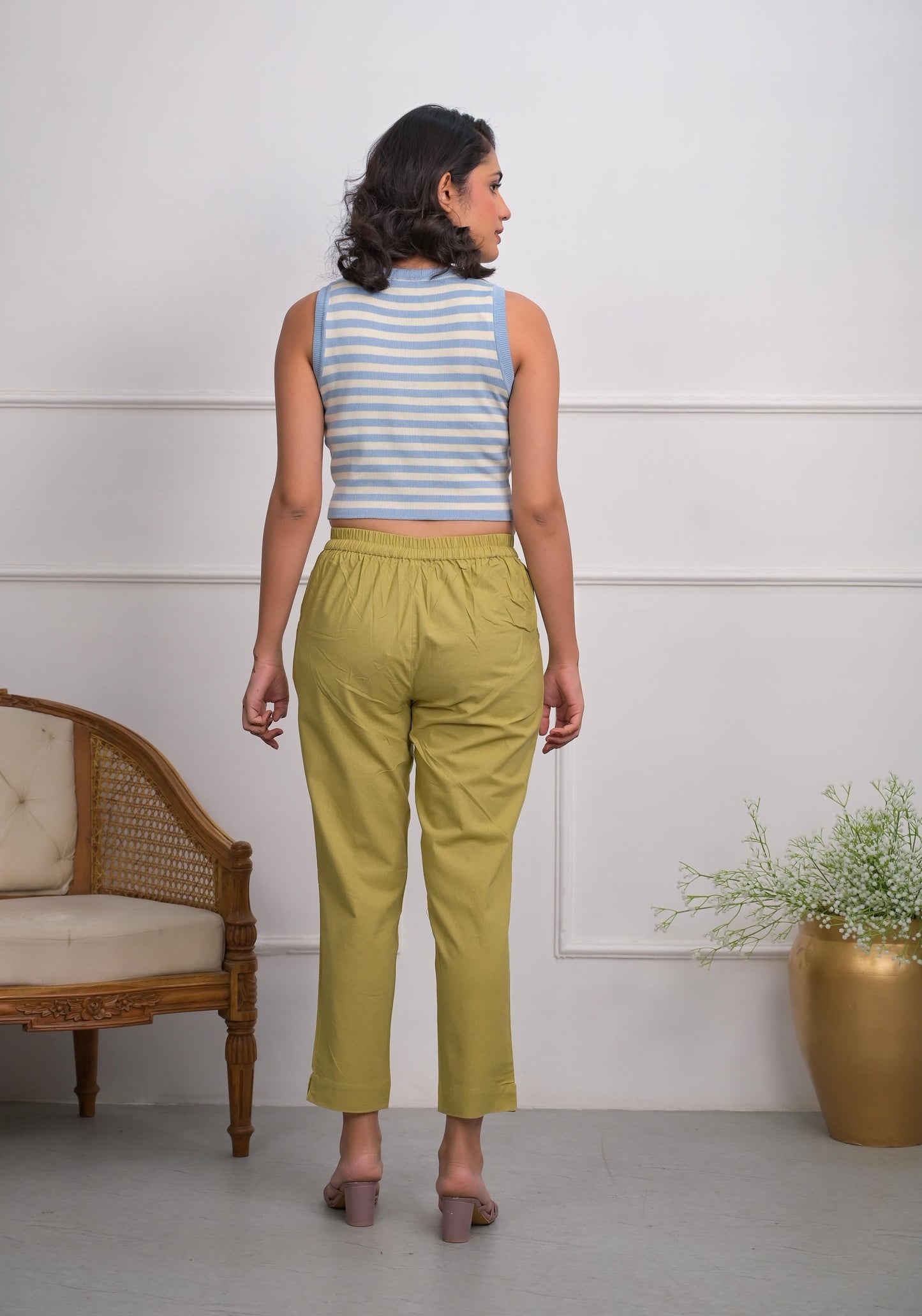 Juniper Women's Khaki Solid Cotton Pants With Partially Elasticated Waistband And Two Side Pockets