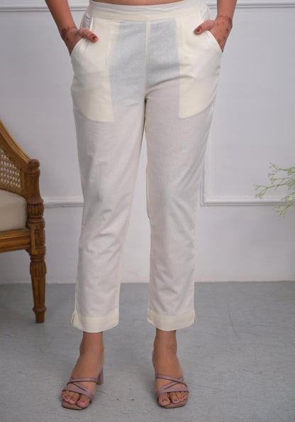 Juniper Women's Off White Solid Cotton Pants With Partially Elasticated Waistband And Two Side Pockets