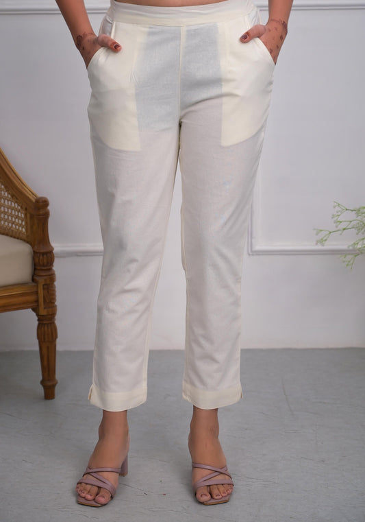Juniper Women's Off White Solid Cotton Pants With Partially Elasticated Waistband And Two Side Pockets