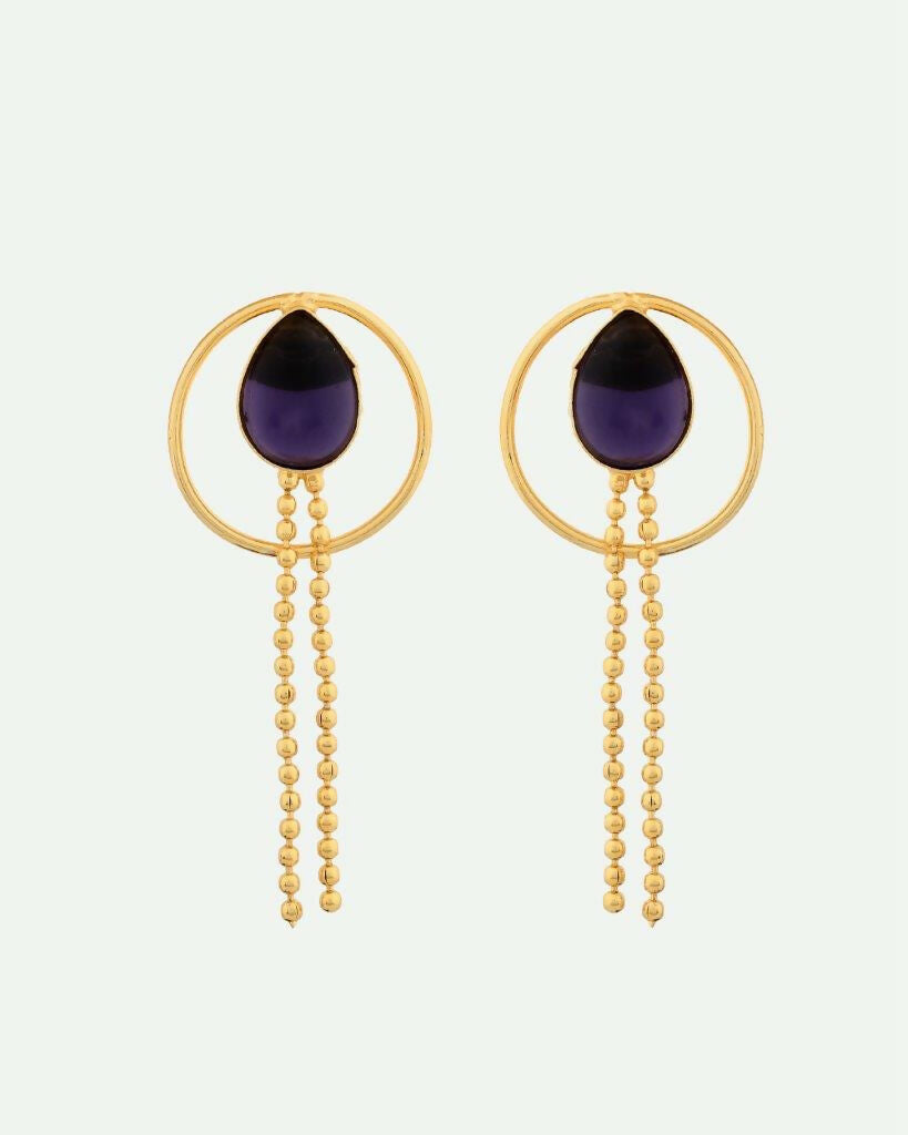 VOJ One Gram Gold-Polished Drop Shaped Black Stone Studded Earrings