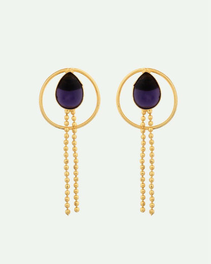VOJ One Gram Gold-Polished Drop Shaped Black Stone Studded Earrings