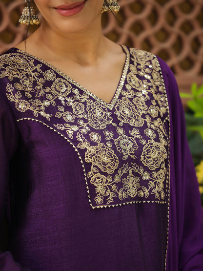 Janasya Purple Silk Blend Yoke Embroidery Kurta,Bottom & Dupatta