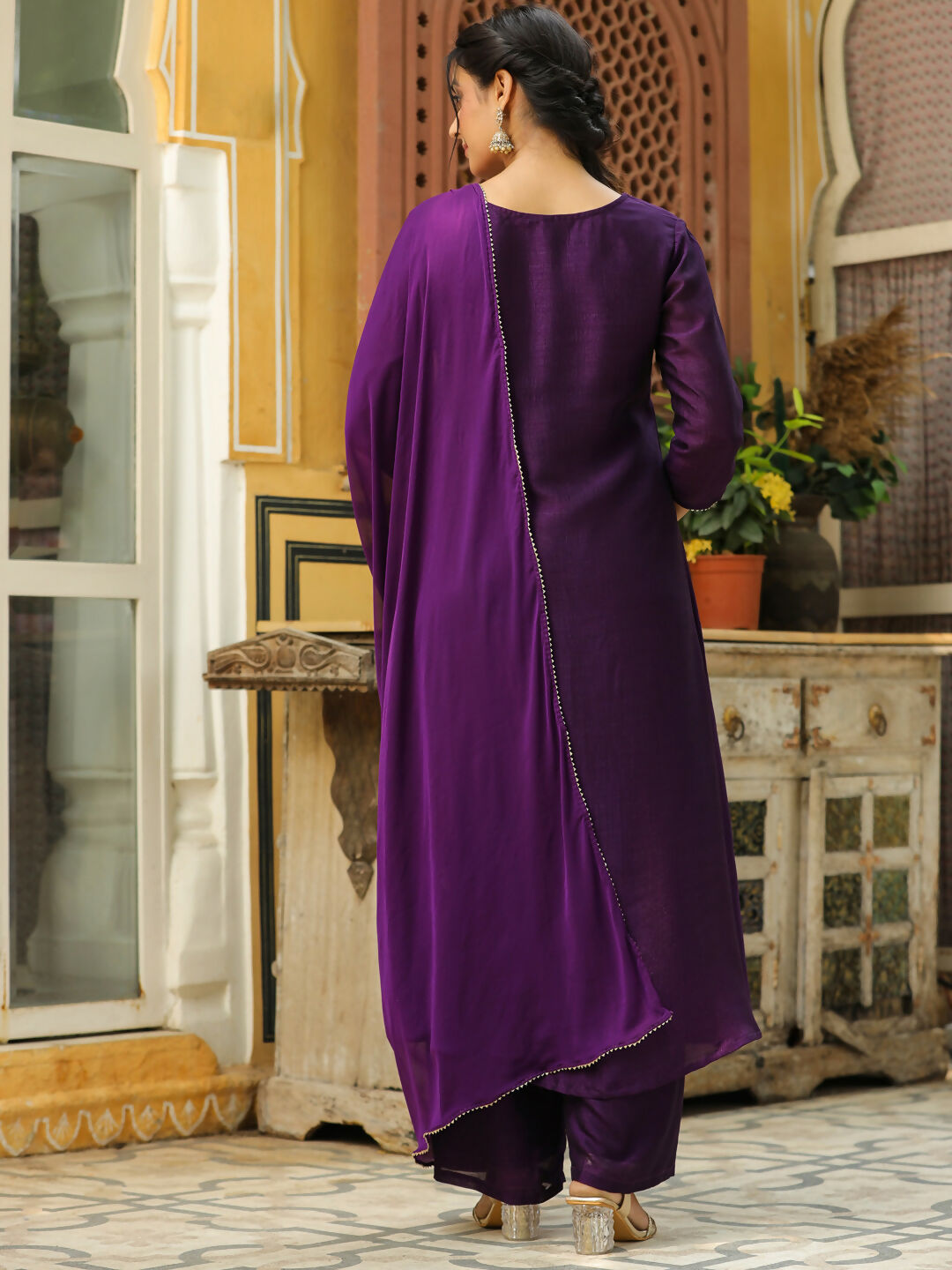 Janasya Purple Silk Blend Yoke Embroidery Kurta,Bottom & Dupatta