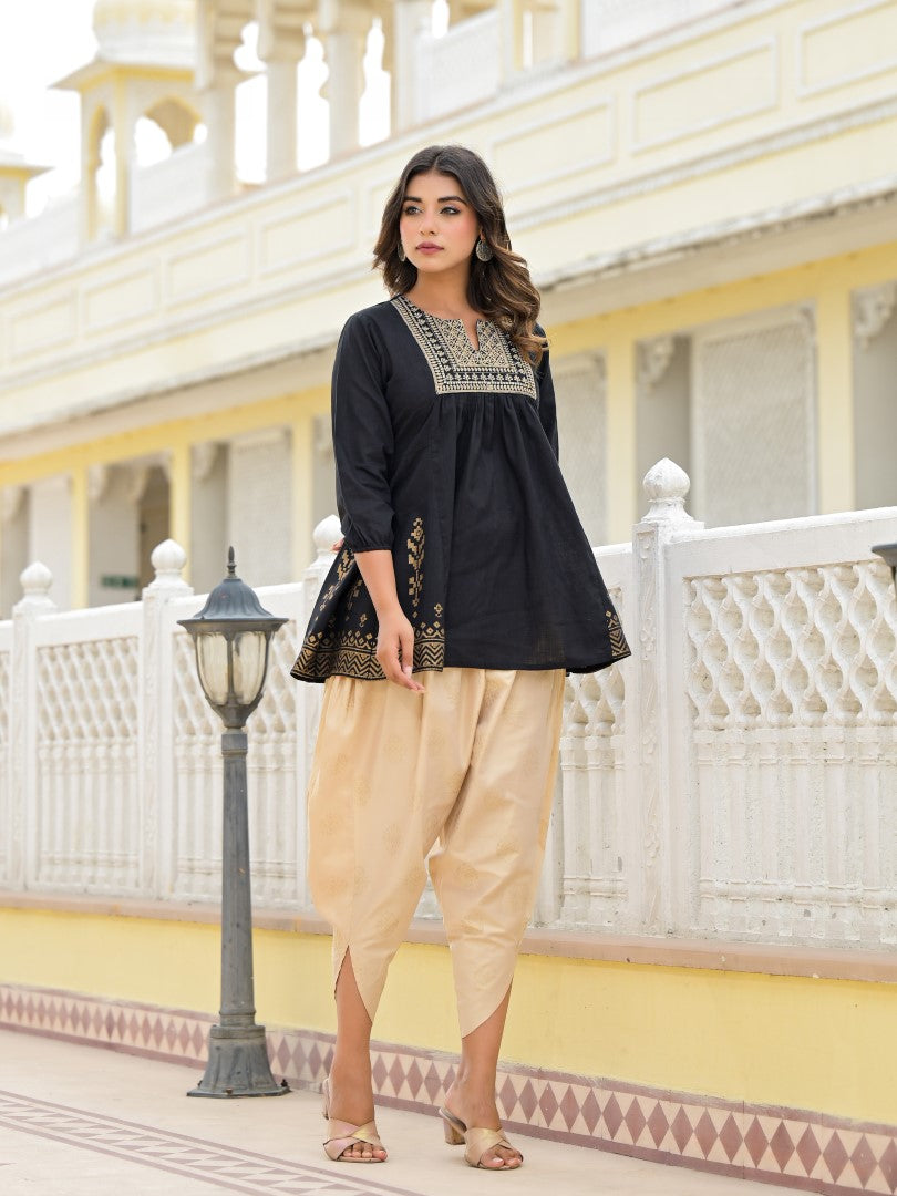 Juniper Women's Black Ethnic Motif Printed Tunic & Dhoti Pant Co-Ord Set For With Zari Embroidery