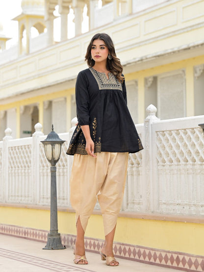 Juniper Women's Black Ethnic Motif Printed Tunic & Dhoti Pant Co-Ord Set For With Zari Embroidery