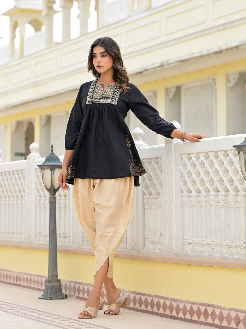 Juniper Women's Black Ethnic Motif Printed Tunic & Dhoti Pant Co-Ord Set For With Zari Embroidery