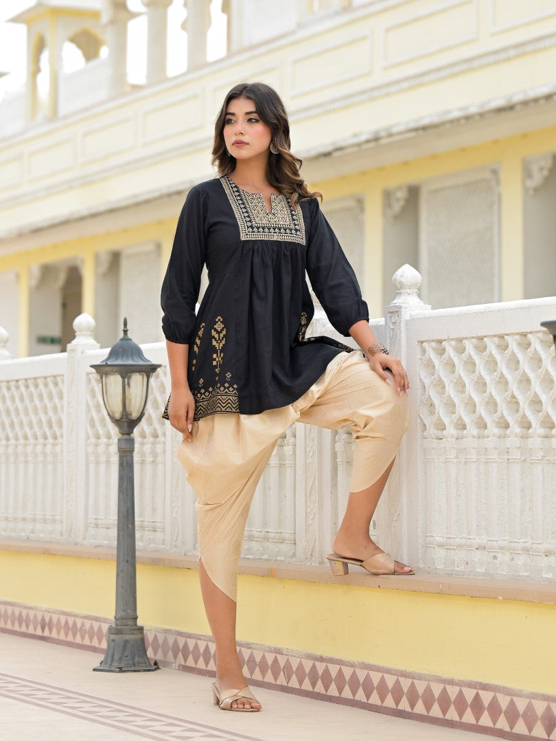 Juniper Women's Black Ethnic Motif Printed Tunic & Dhoti Pant Co-Ord Set For With Zari Embroidery