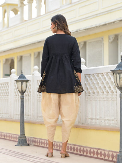 Juniper Women's Black Ethnic Motif Printed Tunic & Dhoti Pant Co-Ord Set For With Zari Embroidery