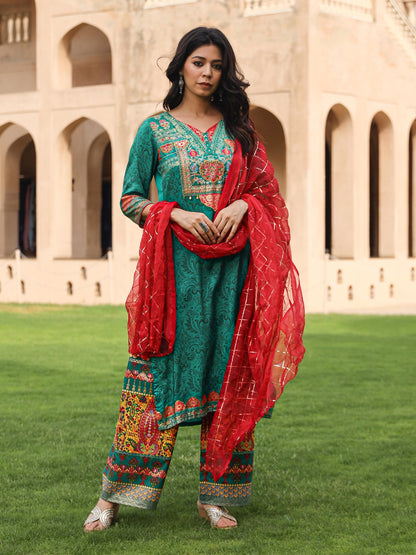 Juniper Women's Green Viscose Rayon Printed Kurta Set