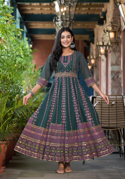 Juniper Green Ethnic Motif Printed Georgette Maxi Dress With Sequins Gota Patti