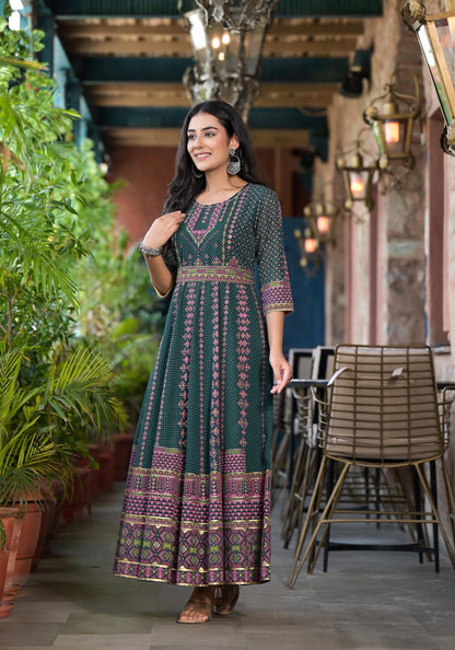 Juniper Green Ethnic Motif Printed Georgette Maxi Dress With Sequins Gota Patti