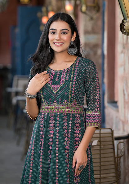 Juniper Green Ethnic Motif Printed Georgette Maxi Dress With Sequins Gota Patti