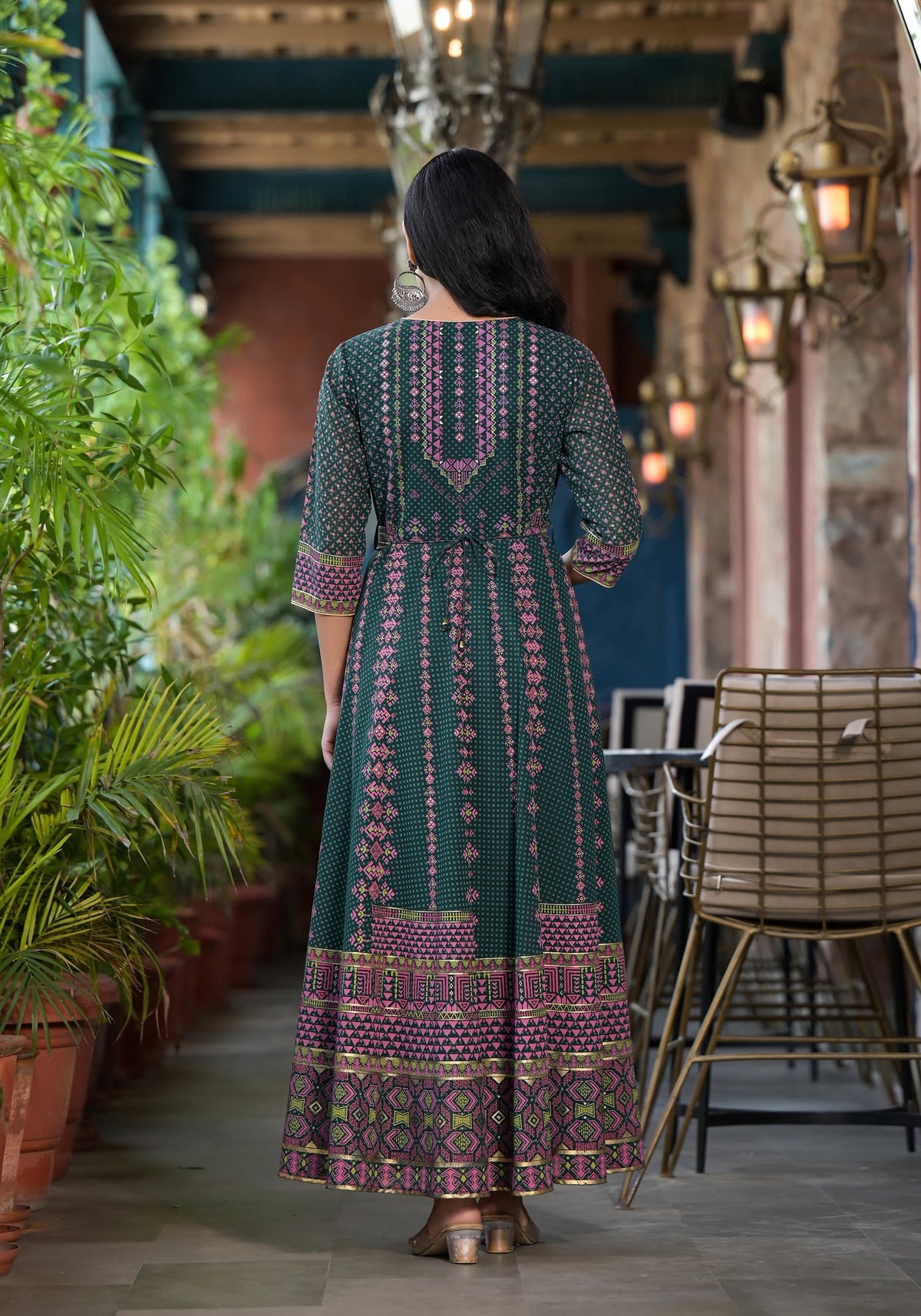 Juniper Green Ethnic Motif Printed Georgette Maxi Dress With Sequins Gota Patti