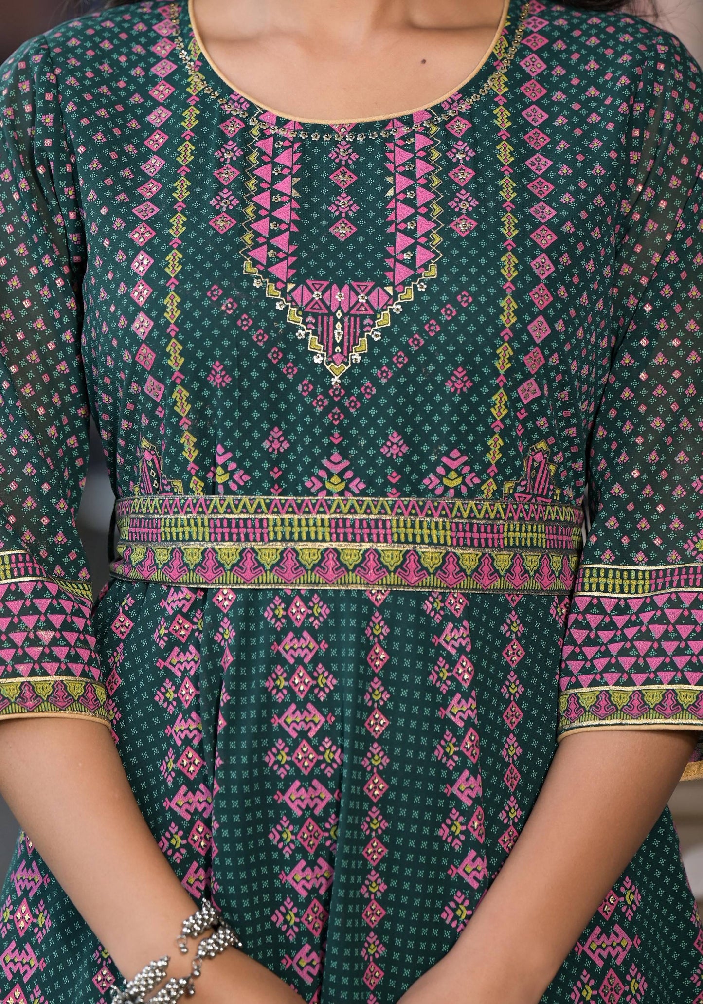 Juniper Green Ethnic Motif Printed Georgette Maxi Dress With Sequins Gota Patti