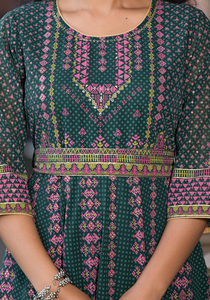 Juniper Green Ethnic Motif Printed Georgette Maxi Dress With Sequins Gota Patti