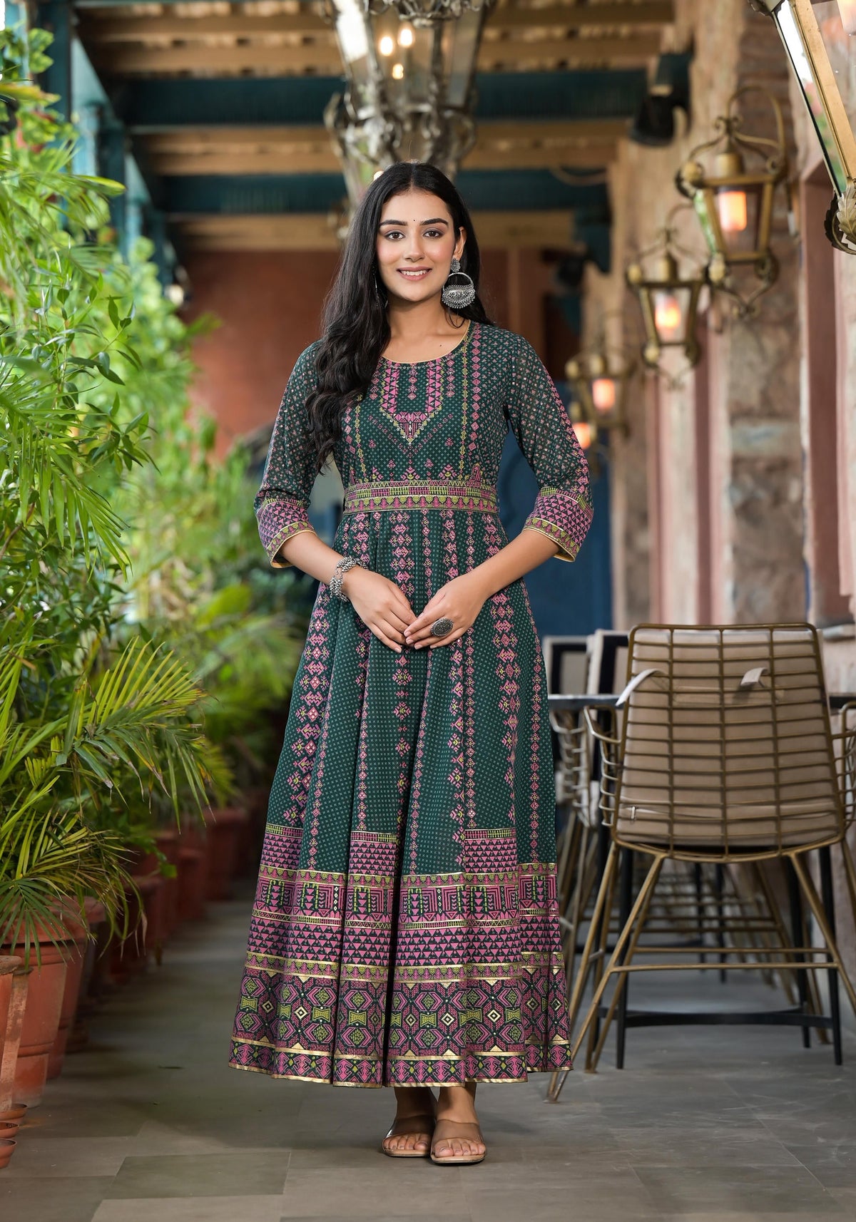 Juniper Green Ethnic Motif Printed Georgette Maxi Dress With Sequins Gota Patti