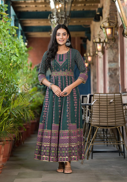Juniper Green Ethnic Motif Printed Georgette Maxi Dress With Sequins Gota Patti