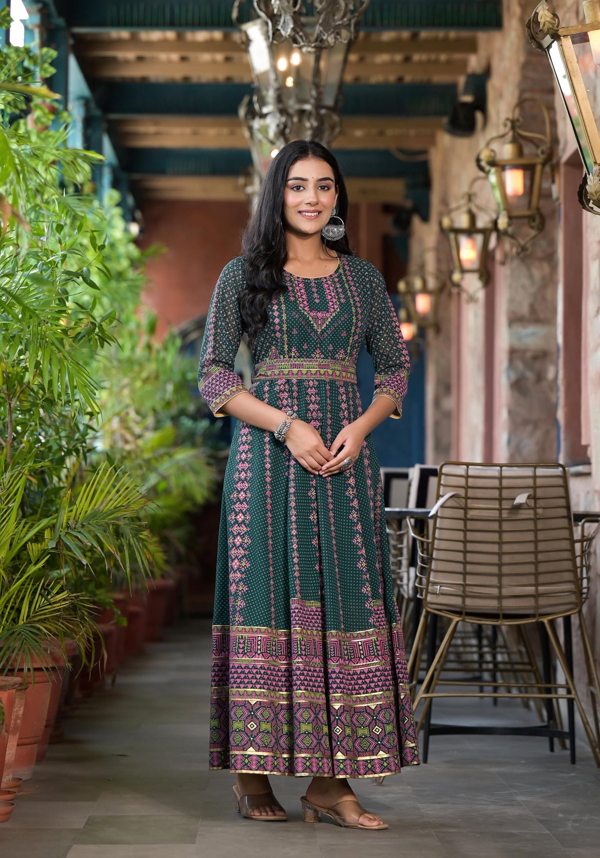 Juniper Green Ethnic Motif Printed Georgette Maxi Dress With Sequins Gota Patti