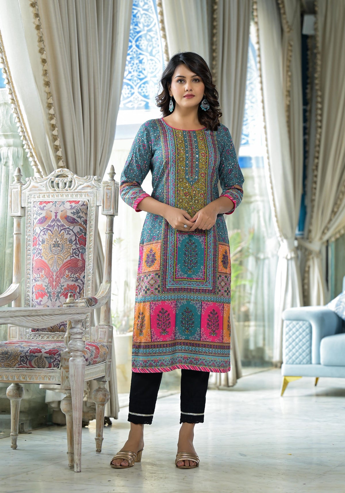 Juniper Blue Floral Printed Liva Rayon Kurta With Beads & Sequins Work