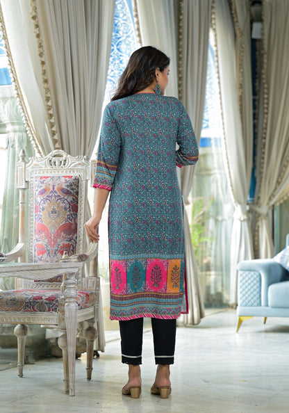 Juniper Blue Floral Printed Liva Rayon Kurta With Beads & Sequins Work