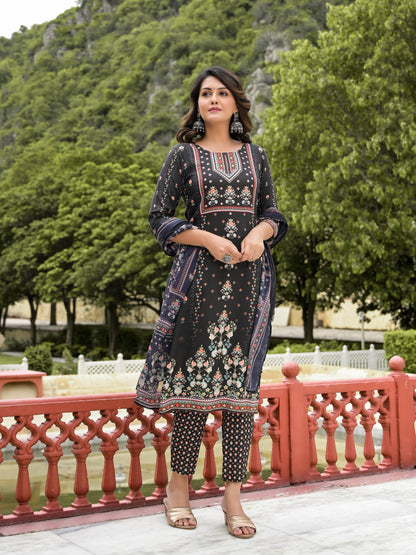 Juniper Women's Black Viscose Rayon Printed Kurta Set