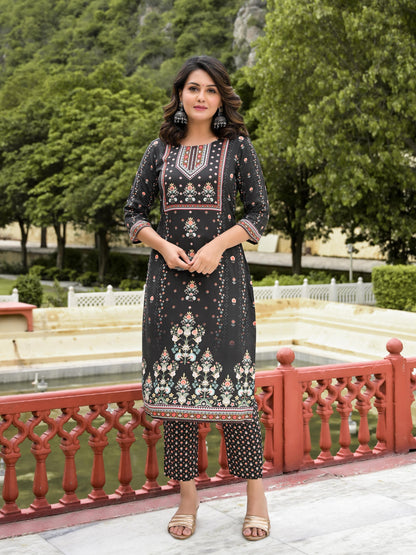 Juniper Women's Black Viscose Rayon Printed Kurta Set