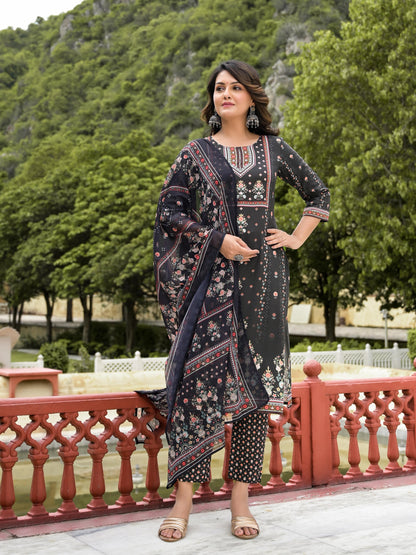 Juniper Women's Black Viscose Rayon Printed Kurta Set