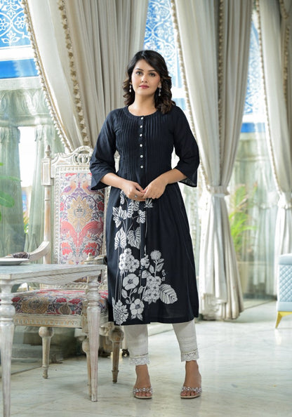 Juniper Women's Black Floral Printed Cotton Kurta With Button Detailing