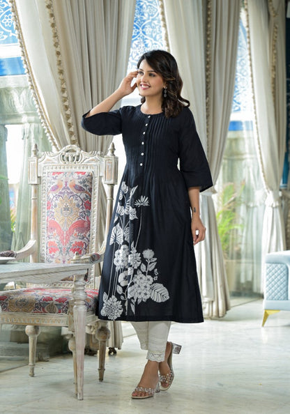 Juniper Women's Black Floral Printed Cotton Kurta With Button Detailing