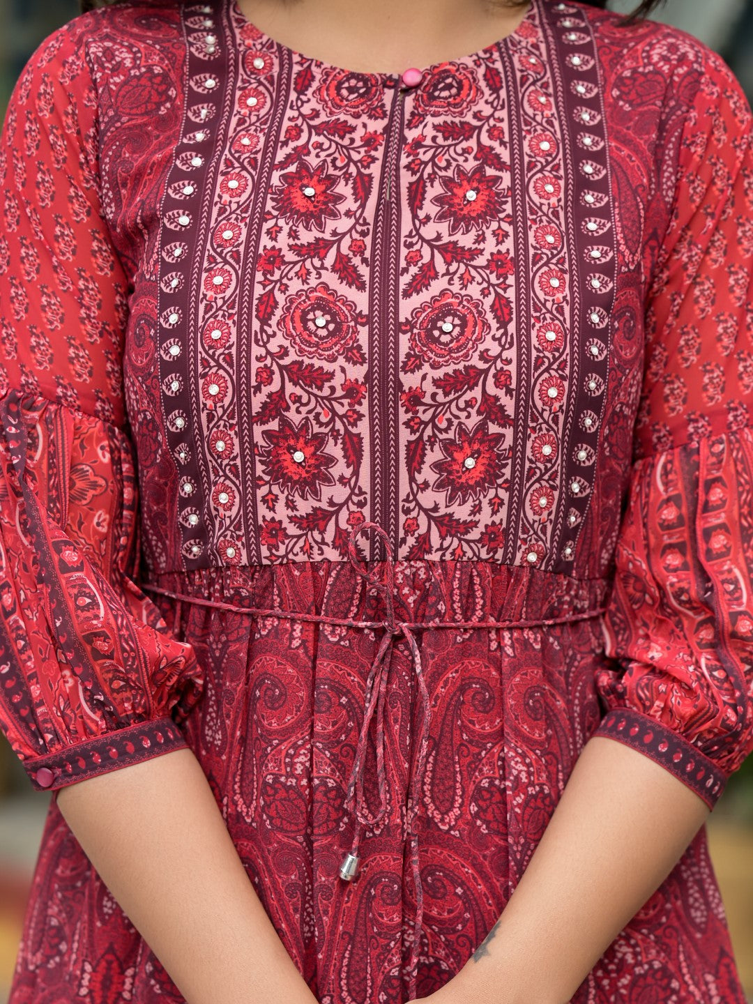 Juniper Women's Rust Ethnic Motif Printed Georgette Gathers Maxi Dress With Sequins & Doris
