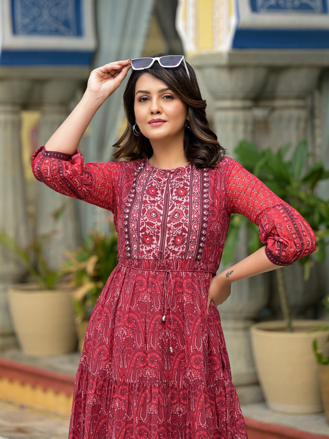 Juniper Women's Rust Ethnic Motif Printed Georgette Gathers Maxi Dress With Sequins & Doris
