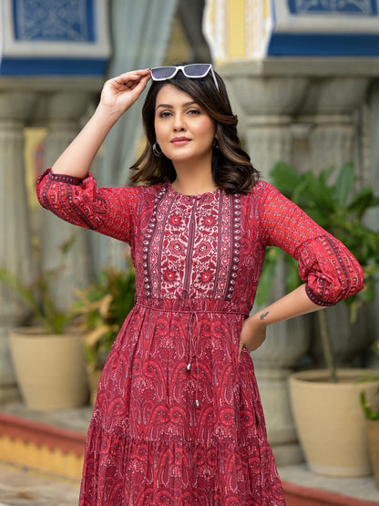 Juniper Women's Rust Ethnic Motif Printed Georgette Gathers Maxi Dress With Sequins & Doris