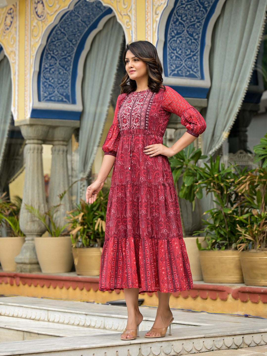 Juniper Women's Rust Ethnic Motif Printed Georgette Gathers Maxi Dress With Sequins & Doris